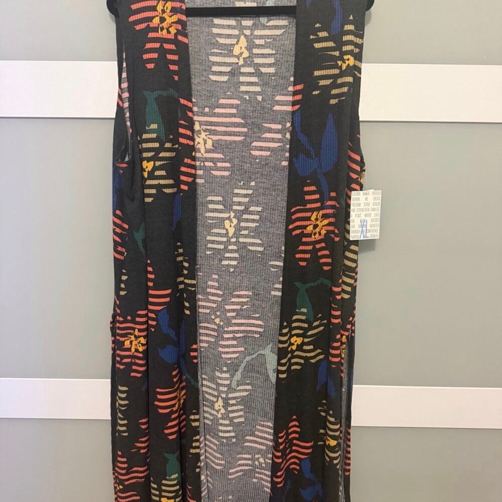 LuLaRoe Joy Duster Vest XL Black Multicolor Floral Sleeveless Cardigan NWT